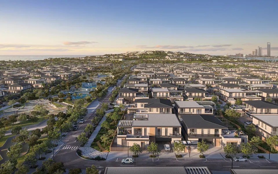 Al Naseem: aerial view of the villa streets towards the Abu Dhabi skyline, Modon image from the Al Naseem Community payment plan