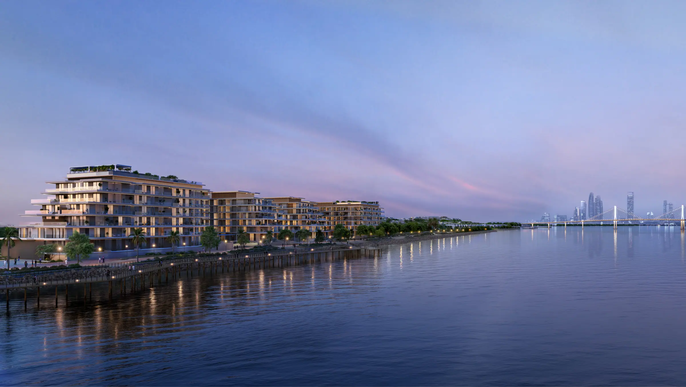 Bashayer Residences: apartment buildings along the water at dusk with the city skyline, developer render