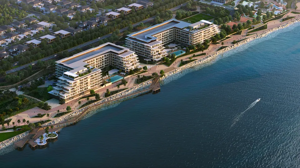 Bashayer Residences: aerial view of the apartment buildings along the water, developer render