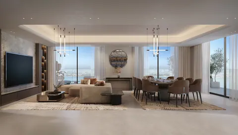 Bashayer Residences: penthouse living and dining room, developer render