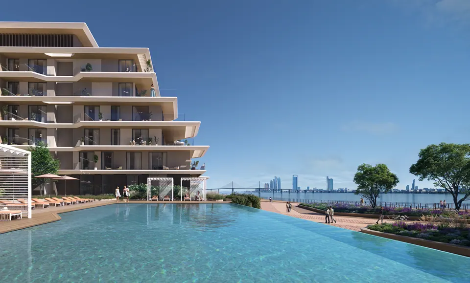 Bashayer Residences: terraced apartment building above an infinity pool, developer render