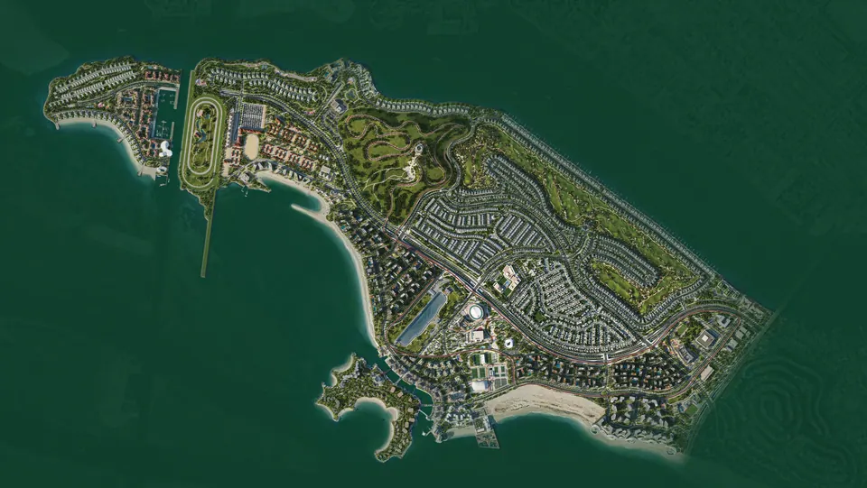 Hudayriyat Island: aerial masterplan view of the whole island, Modon image from the Golf Mansions brochure