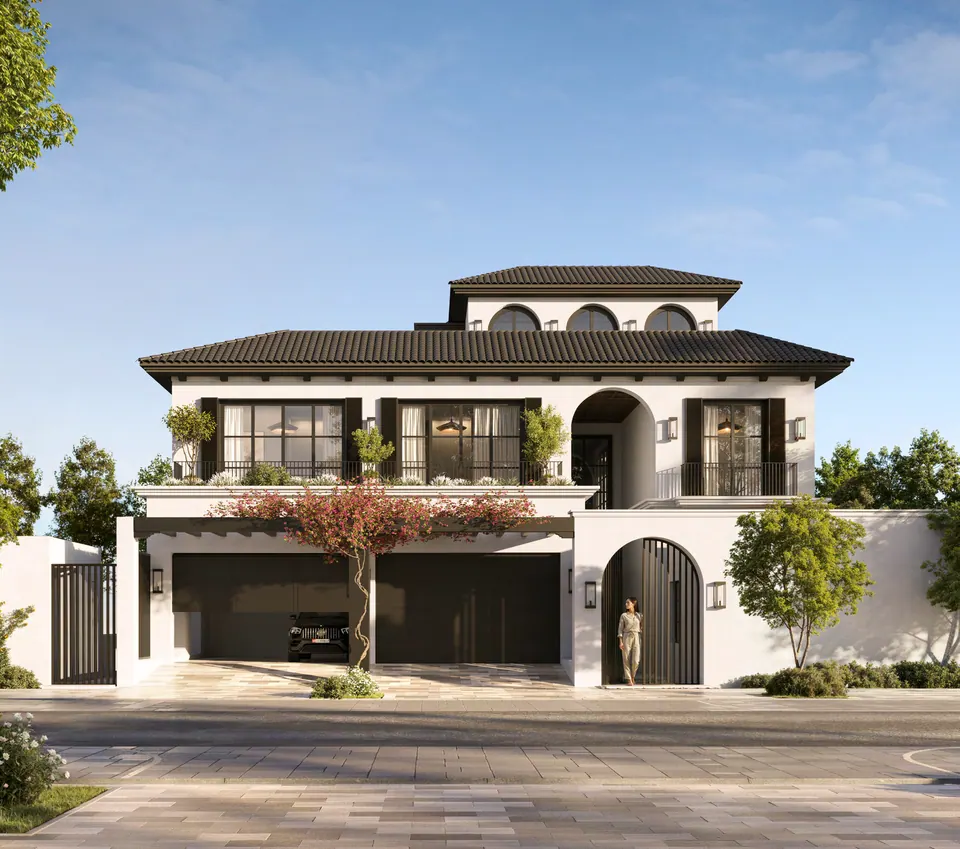 Hudayriyat Golf Estates: street elevation of a two-storey villa with arched entrance, Modon image from the Golf Mansions brochure