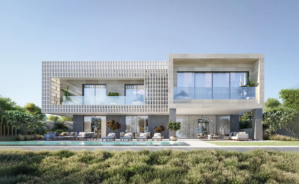 Nawayef Heights: villa rear shown with the extended plot option, developer render