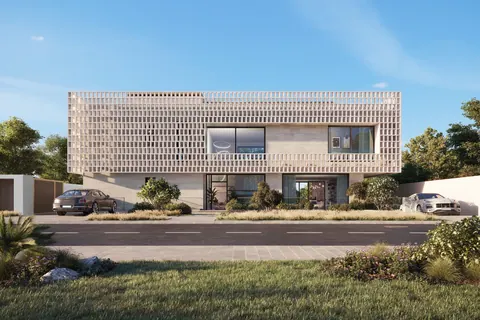 Nawayef Heights: villa with a patterned screen facade seen from the street, developer render
