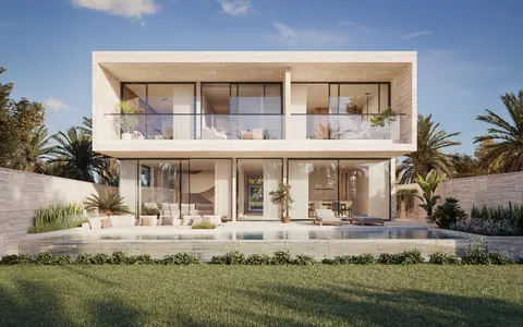 Nawayef Homes: villa rear with a pool and lawn, developer render