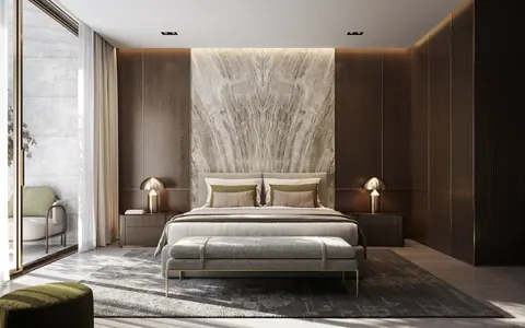 Nawayef Homes: villa bedroom with a stone feature wall, developer render