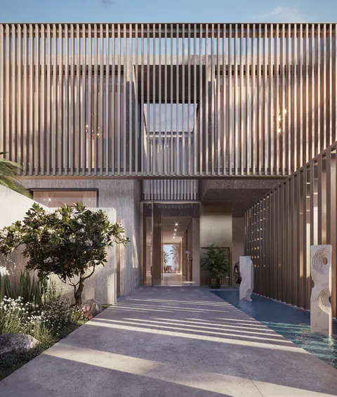 Nawayef Homes: villa entrance court with timber screens, developer render