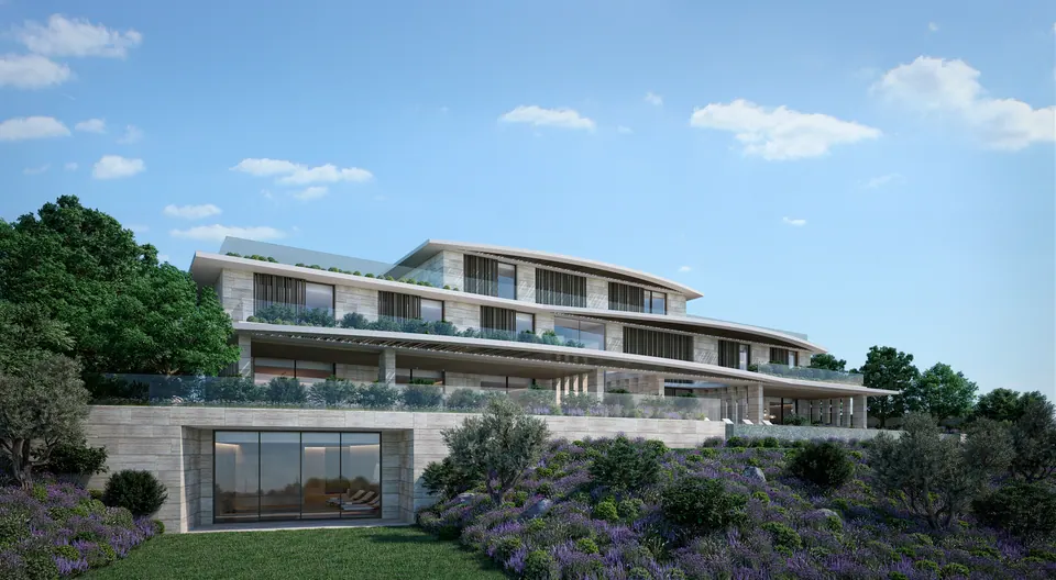 Nawayef Mansions: terraced mansion stepping down a landscaped slope, developer render