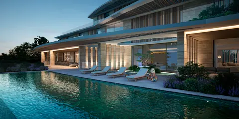 Nawayef Mansions: mansion terraces and long pool lit at dusk, developer render