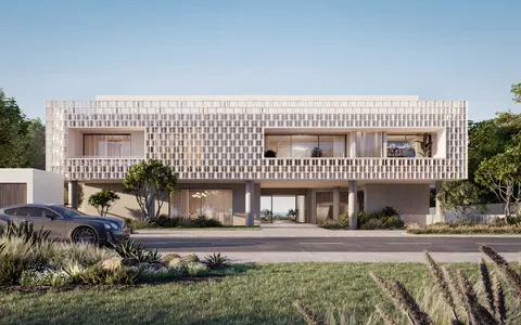Nawayef Mansions: street facade of a Mansion T3 with a patterned screen, G+1 form, developer render