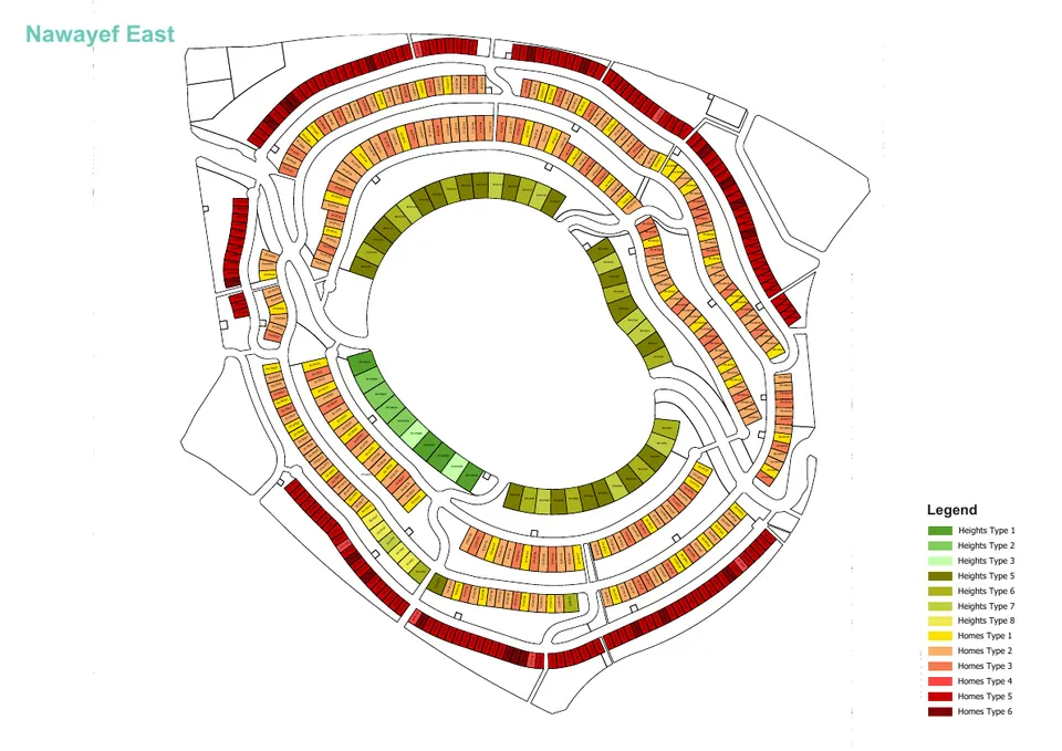 Modon's masterplan drawing of Nawayef East with plots coloured by villa type (legend in text below)