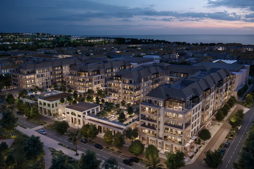 Nawayef Park Views: aerial view of the apartment blocks at dusk, developer render