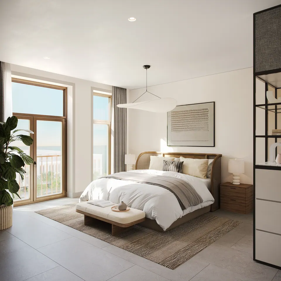 Nawayef Park Views: the same apartment master bedroom in the evening, developer render