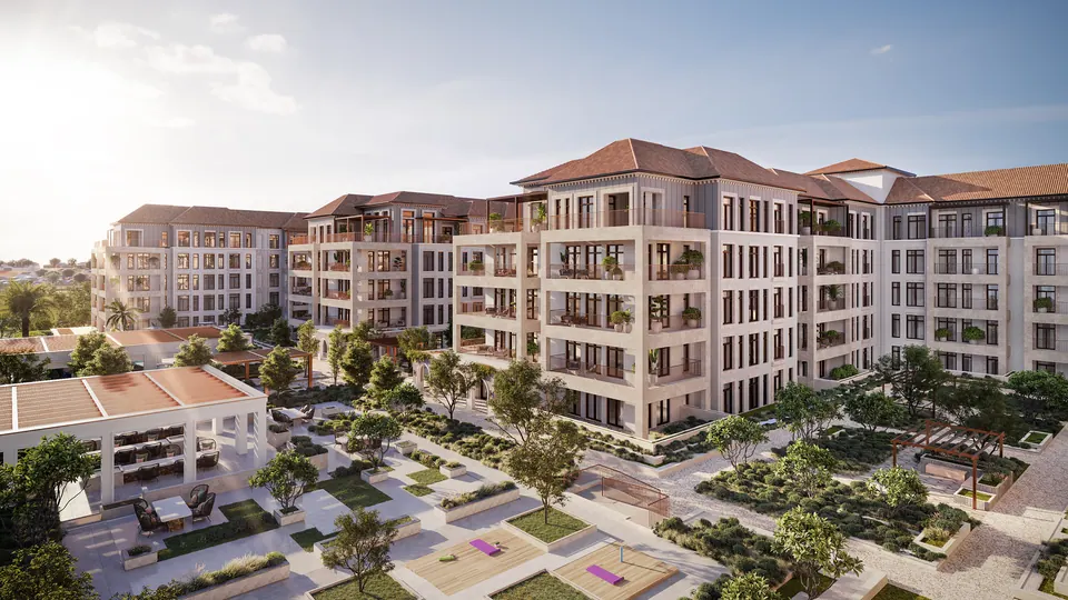 Nawayef Park Views: apartment buildings above landscaped gardens and pergolas, developer render