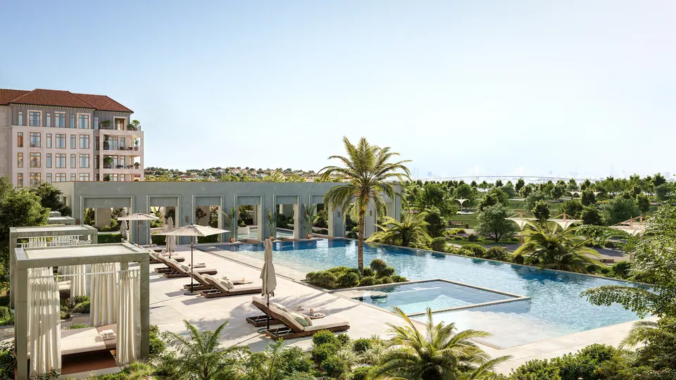 Nawayef Park Views: pool deck with cabanas, loungers and palms, developer render
