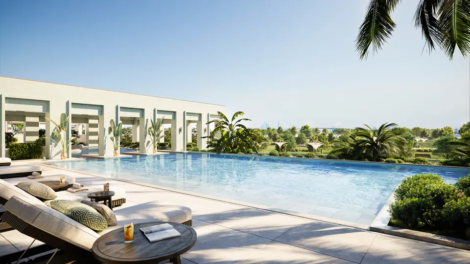 Nawayef Park Views: children's pool edge with loungers beside the apartment blocks, developer render