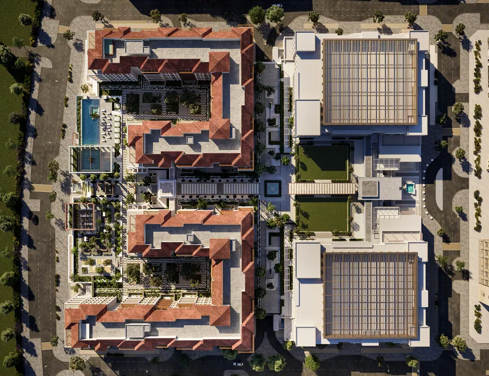 Nawayef Park Views: top-down view of the apartment blocks around their courtyards and the park, developer render