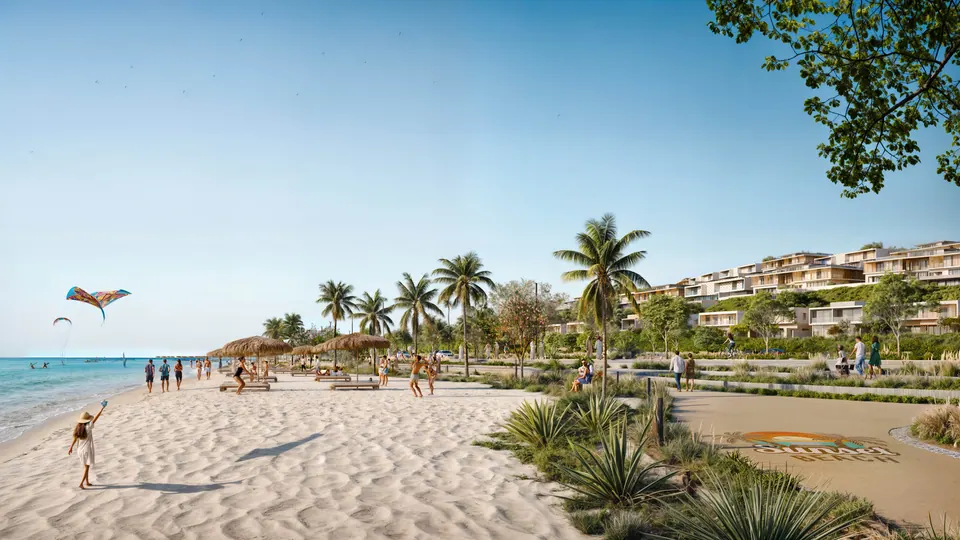 Nawayef Village area: public beach with thatched parasols, palms and people, developer render