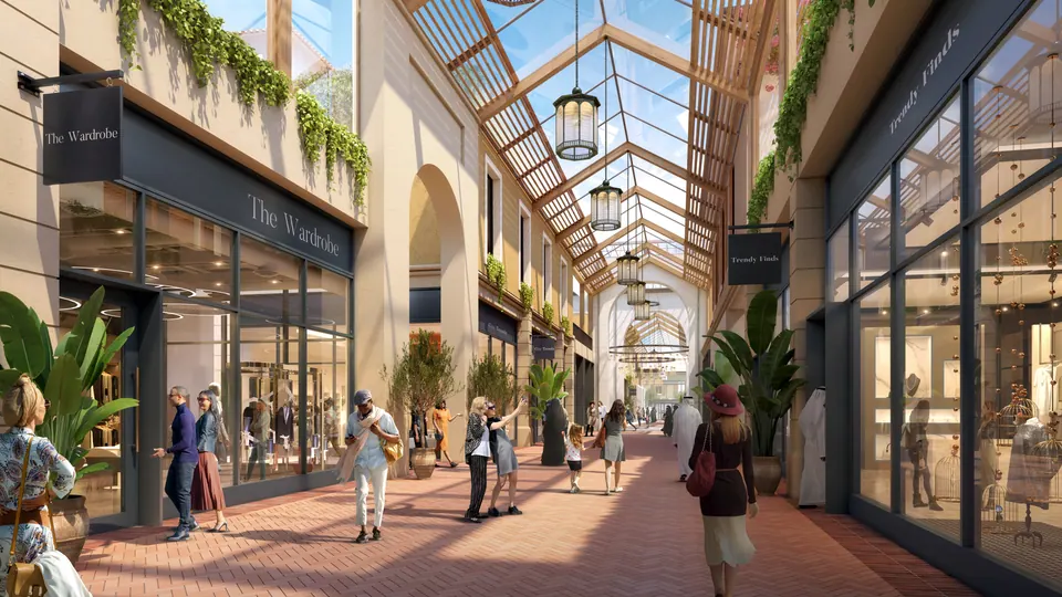 Nawayef Village area: The Avenue, a covered shopping street with shops and cafes, developer render