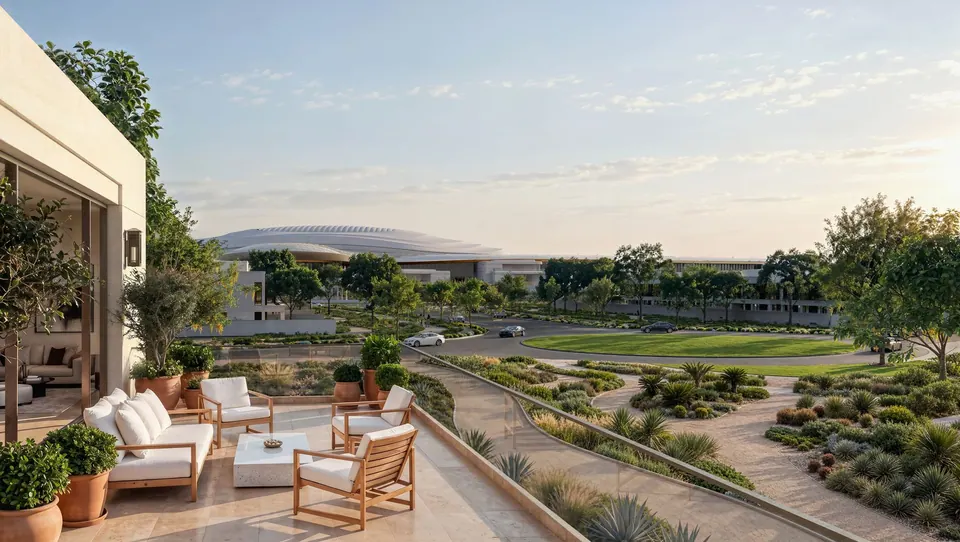 Wadeem Gardens: villa terrace with outdoor seating overlooking the landscaped spine, the domed arena beyond, developer render