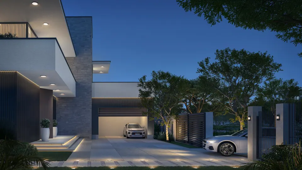 Wadeem: indicative villa typology on a plot at dusk, developer render