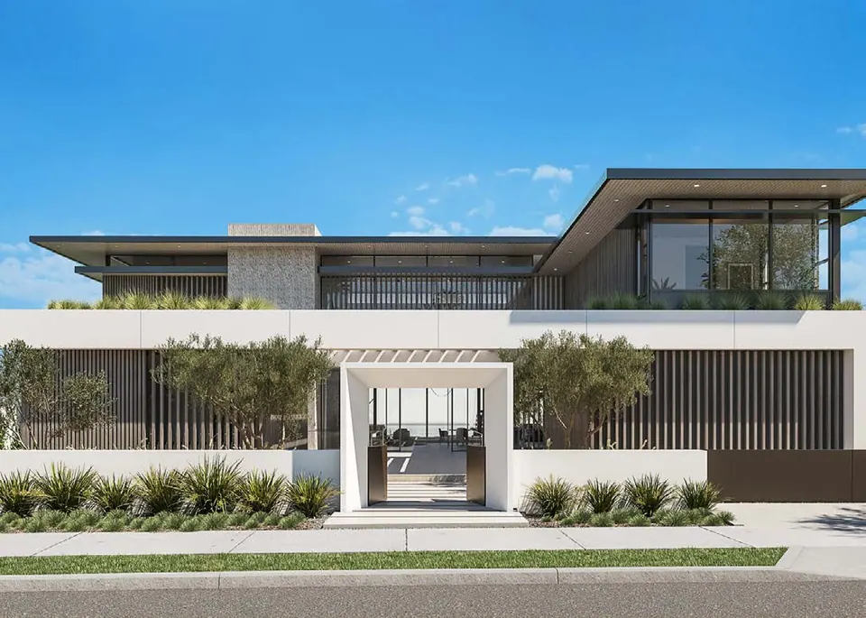 Wadeem: contemporary villa with a framed entrance behind a low wall, an example in Modon's design guidance, Modon image from the Wadeem brochure