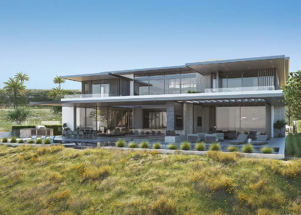 Wadeem: contemporary villa with deep roof overhangs above a planted slope, an example in Modon's design guidance, Modon image from the Wadeem brochure