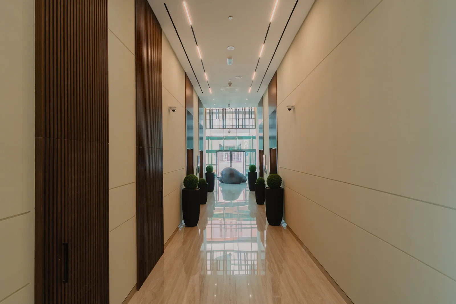 A lift lobby: cream walls and dark timber slatted panels, lines of light in the ceiling, four clipped box plants in black planters and, at the end, the glazed lobby with the sculpture