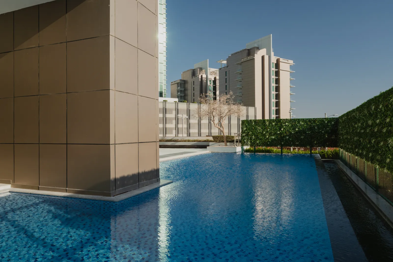 The swimming pool: a long mosaic-tiled pool against the tower's bronze-clad column, a green hedge screen, a tree and a cream mid-rise building beyond