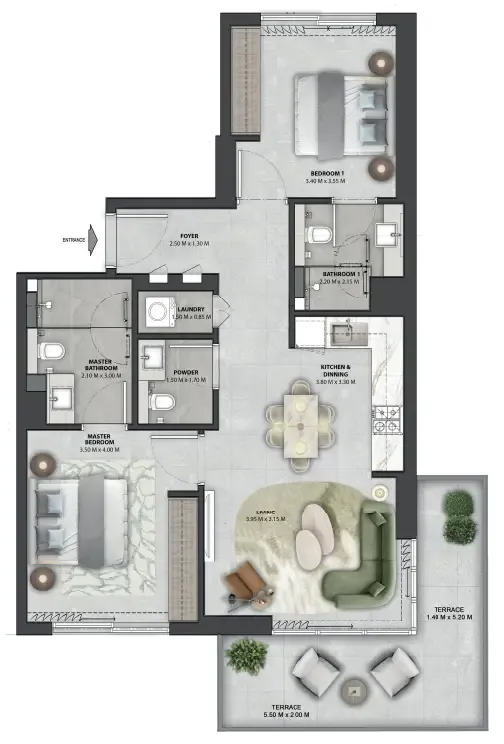 Arancia Yards 2 2 bed floor plan, 1,077 sqft