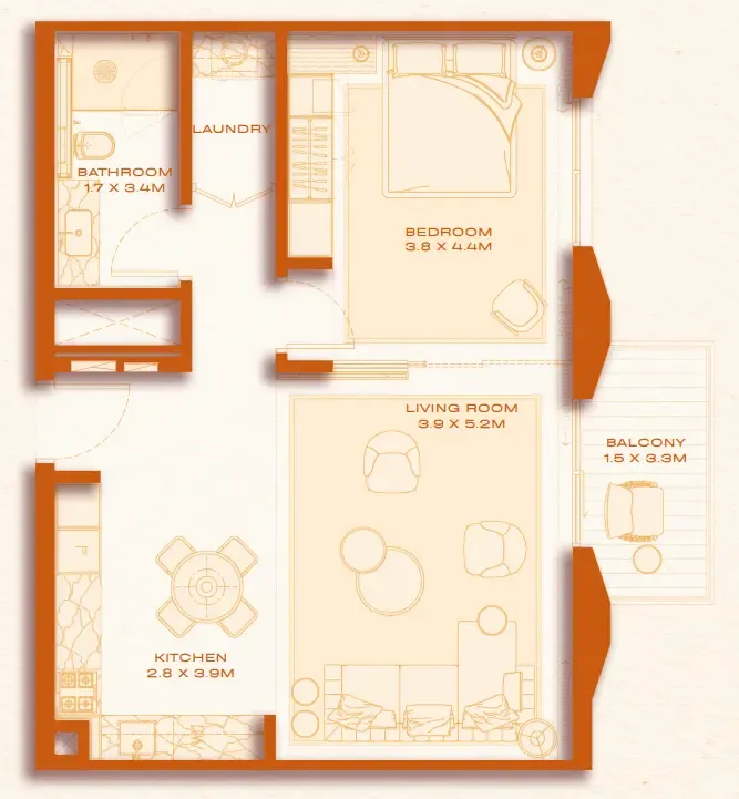 1 bed layout