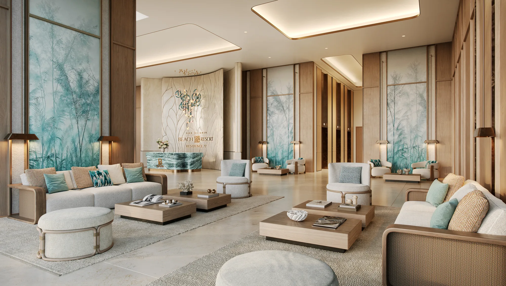 The entrance lobby: reception desk, glass pendant lights and lounge seating