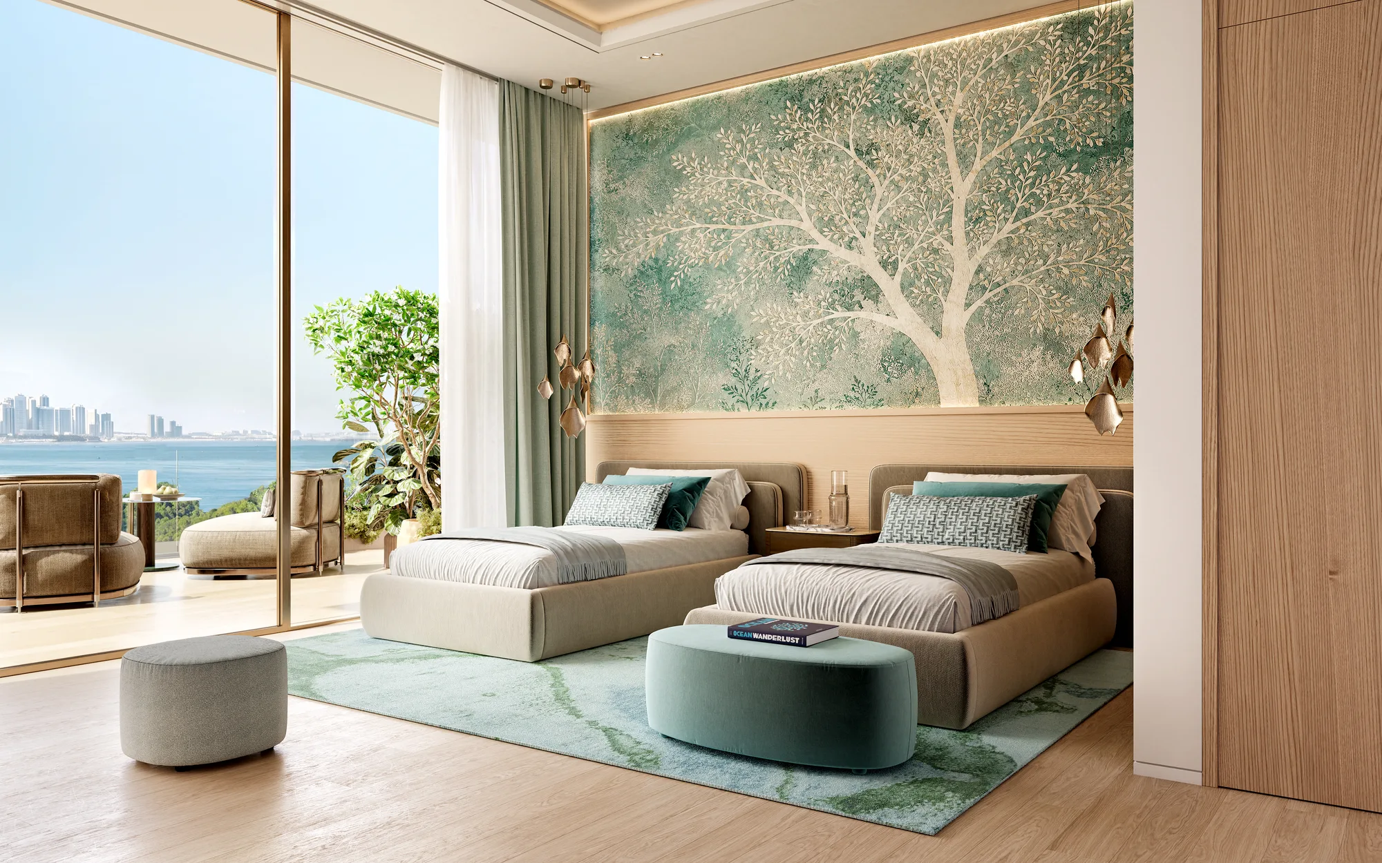 A twin bedroom with a tree-motif feature wall and a sea-facing terrace