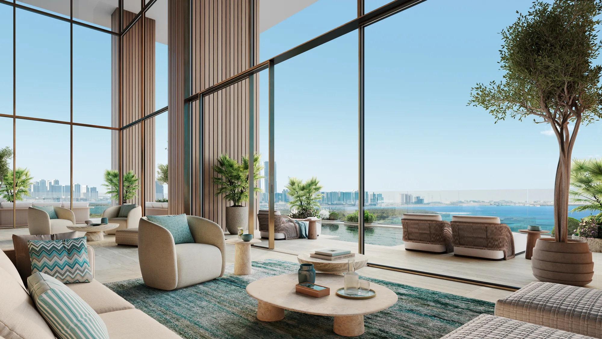 A sky lounge opening onto a pool terrace, with the water and the city skyline beyond