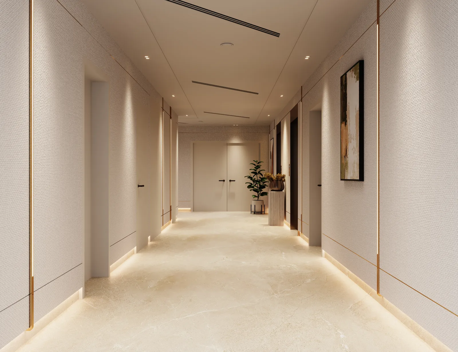 A residential corridor with apartment doors on both sides and a pair of double doors at the end