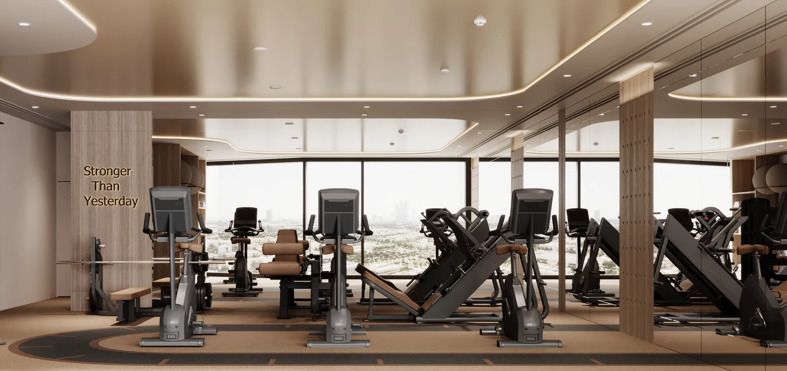 The 24th-floor gym: leg-press and cable machines, bikes and cross-trainers in front of the window wall, with "Stronger Than Yesterday" lettering