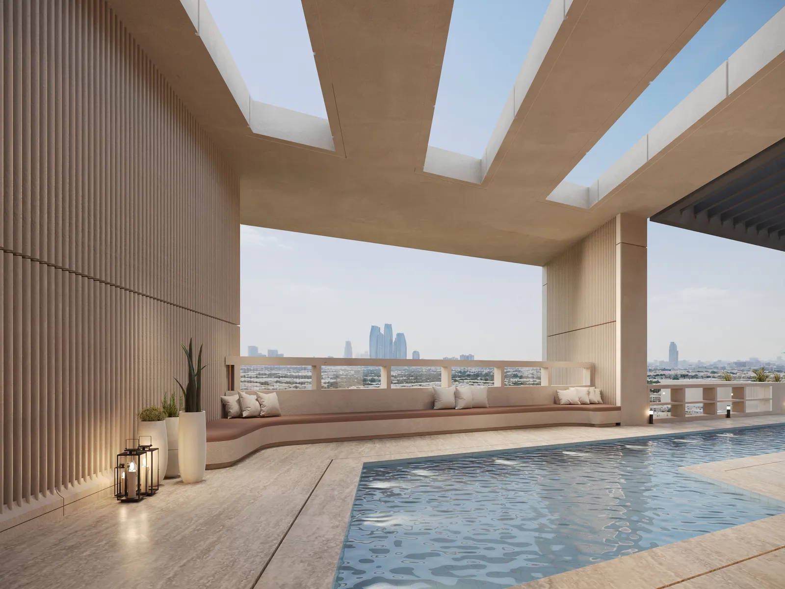 The pool beside a long built-in bench under open concrete beams, with the city skyline beyond