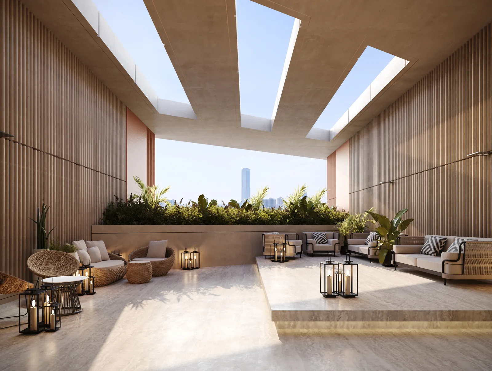The outdoor lounge: rattan and cushioned seating, lanterns and planters under open roof beams, with a tower on the skyline through the opening
