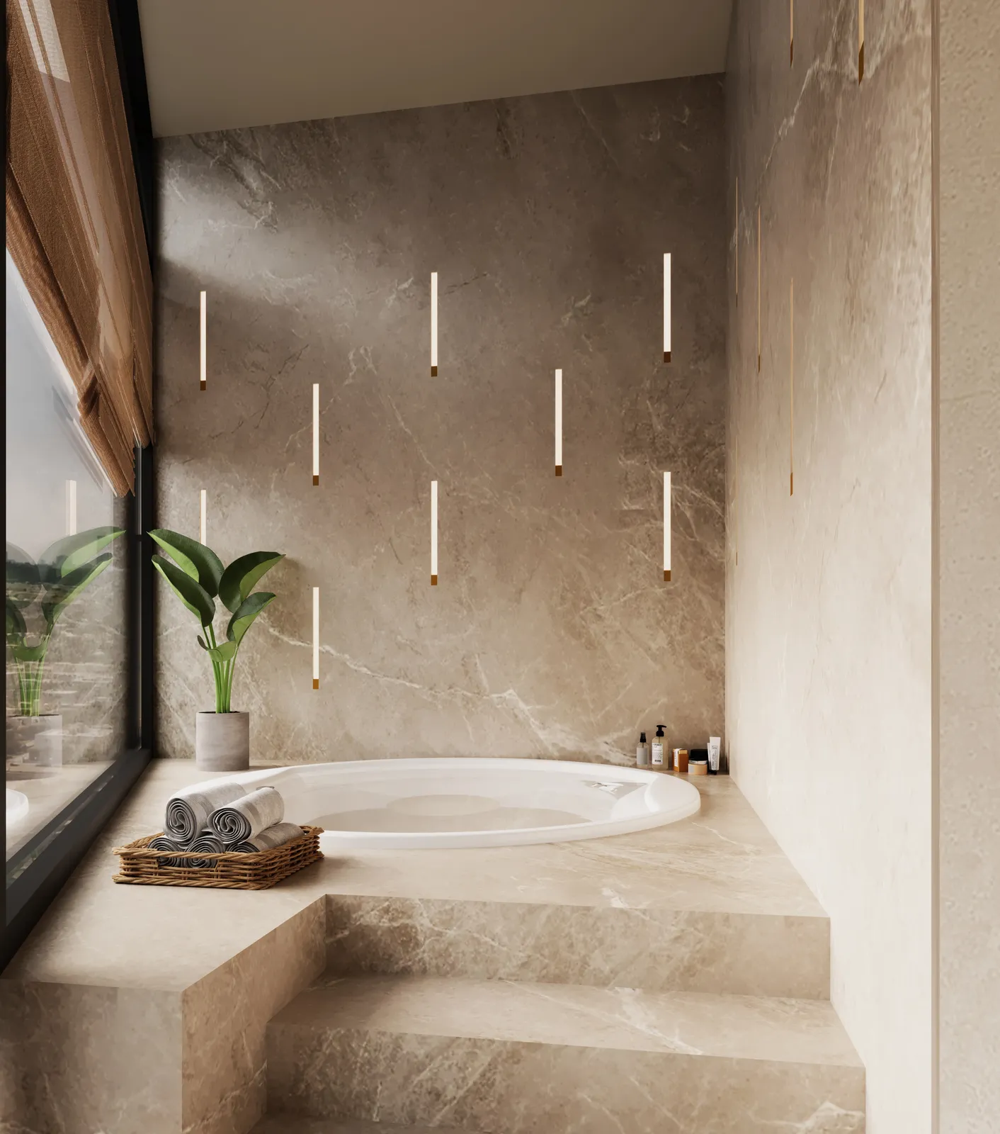 The spa bath: a round sunken bath on a marble plinth, vertical light tubes on the stone wall and a plant by the window