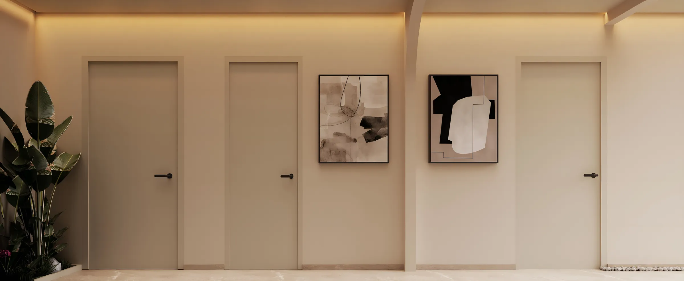 A row of treatment room doors with two framed abstract artworks and a plant, under cove lighting