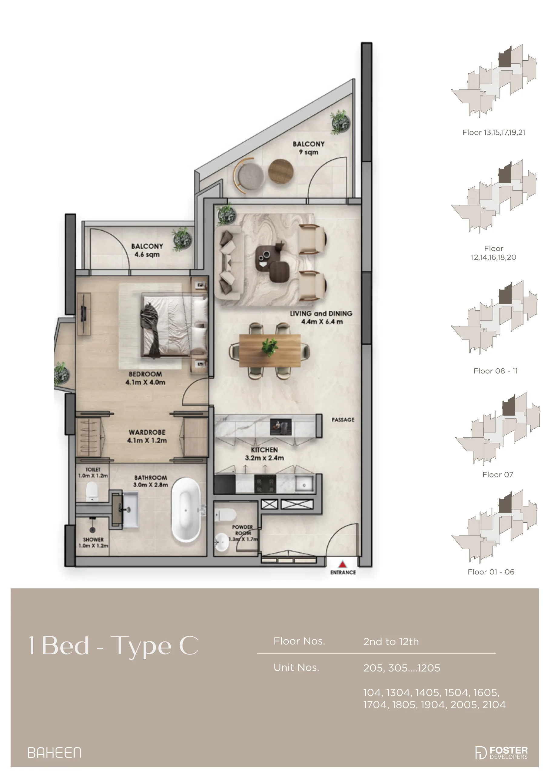 Baheen Tower 1 bed floor plan — Type C, 1,107 – 1,108 sqft