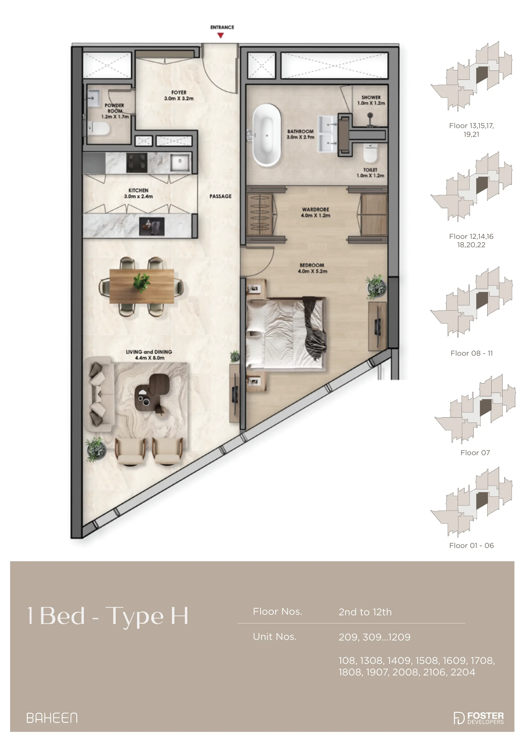 Baheen Tower 1 bed floor plan — Type H, 943 – 944 sqft