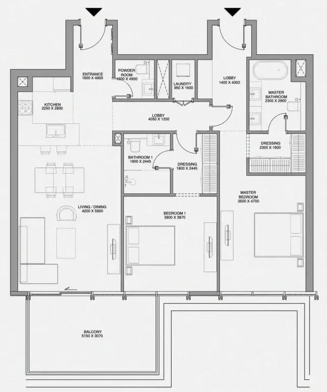 Cheval Residences 2 bed floor plan, 1,436 sqft