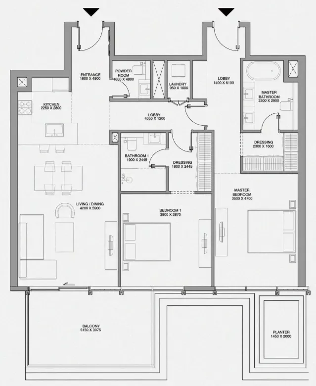 Cheval Residences 2 bed floor plan, 1,436 sqft