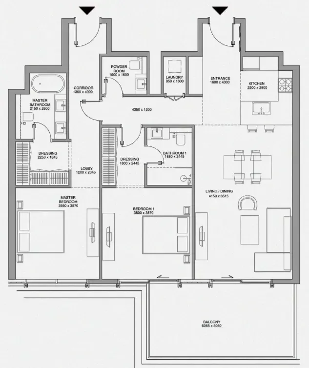 Cheval Residences 2 bed floor plan, 1,469 sqft