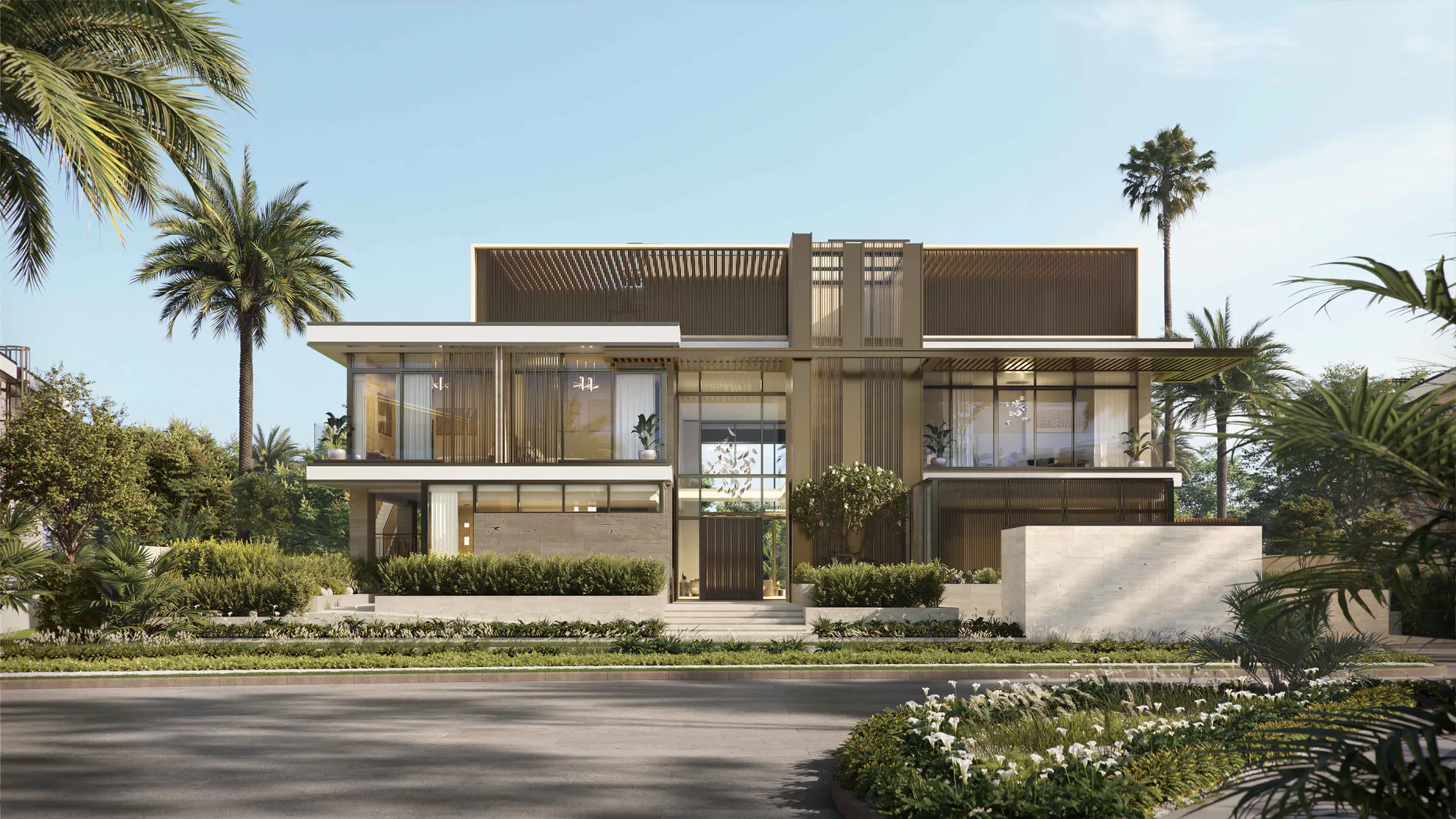 A six-bedroom villa’s street elevation: cream stone, bronze fins and a planted forecourt