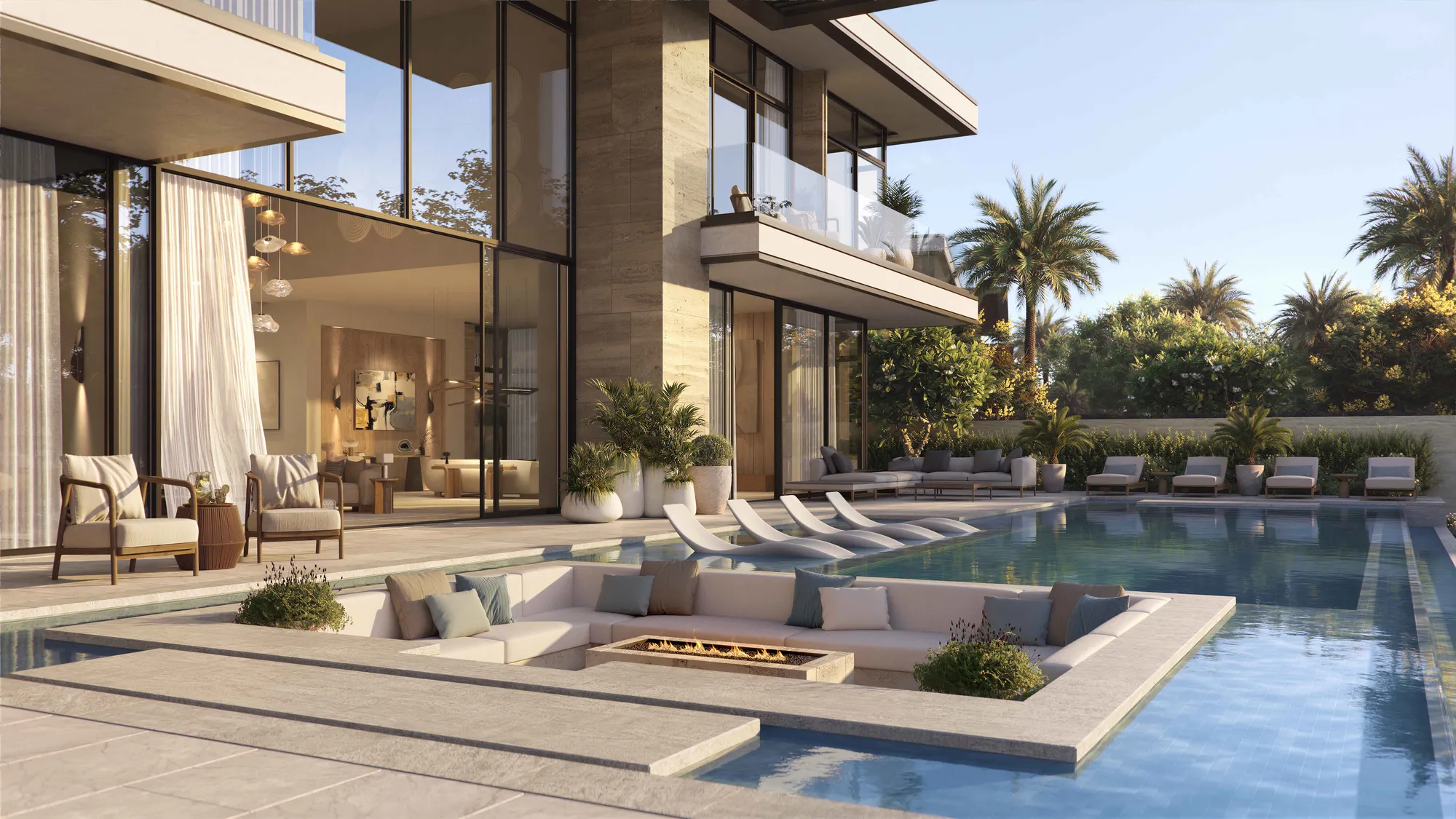 A six-bedroom villa’s terrace: the pool with a sunken fire-pit lounge beside the glazed living room