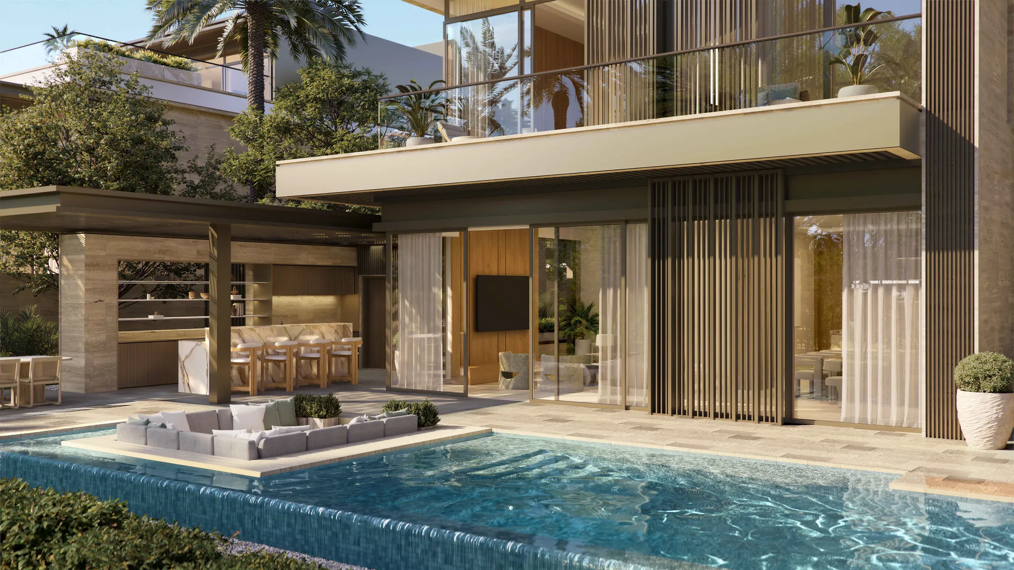 A five-bedroom villa’s pool terrace: a sunken lounge set into the pool and a pavilion beyond