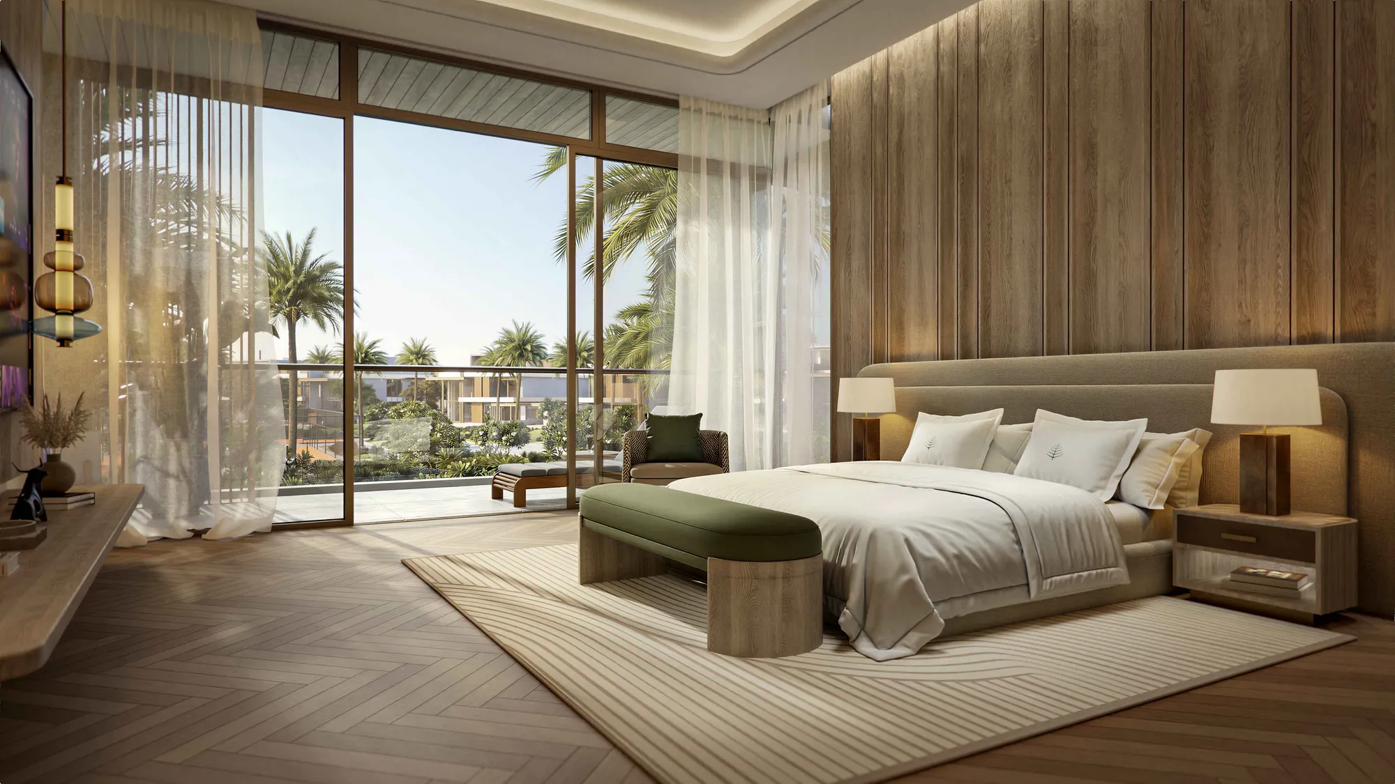 A principal bedroom with a timber-panelled wall and a terrace onto the garden